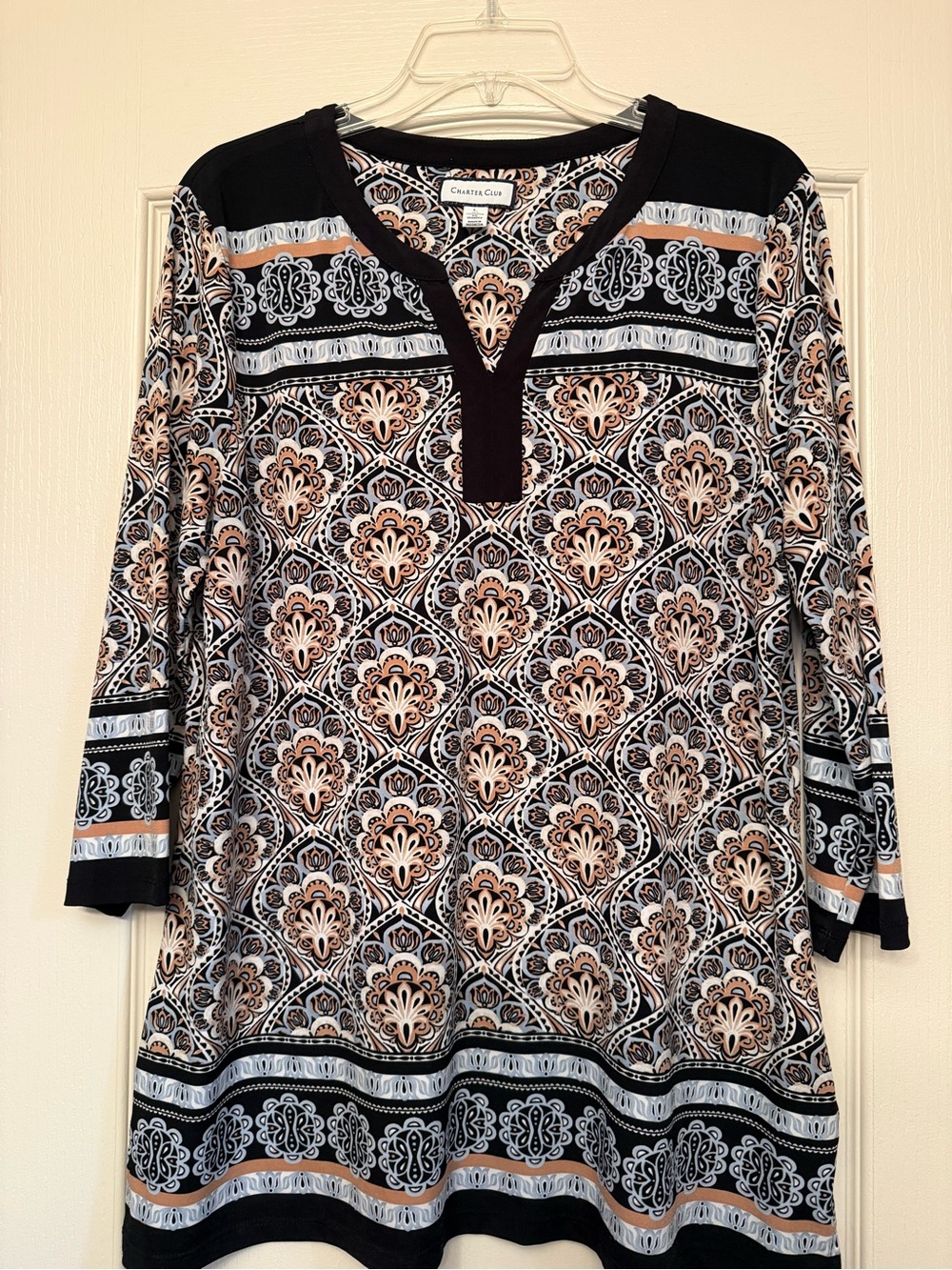 Charter Club Black Cream and White Printed V-Neck Tunic